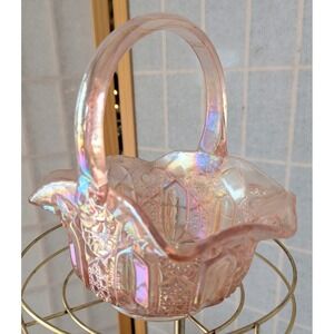 Vintage Pink Iridescent Carnival Glass Basket with Handle